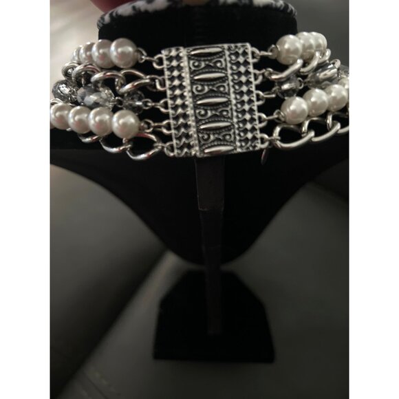 Elegant Multi-Strand Faux Pearl & Silver Chain Necklace With Crystal Accents - Picture 3 of 5